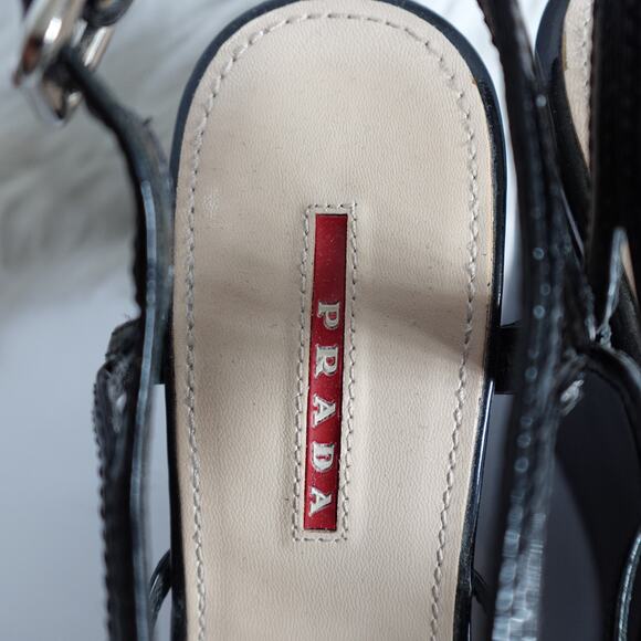 Prada Black Patent Leather Strappy Buckled Wedge Sandals - Picture 14 of 16